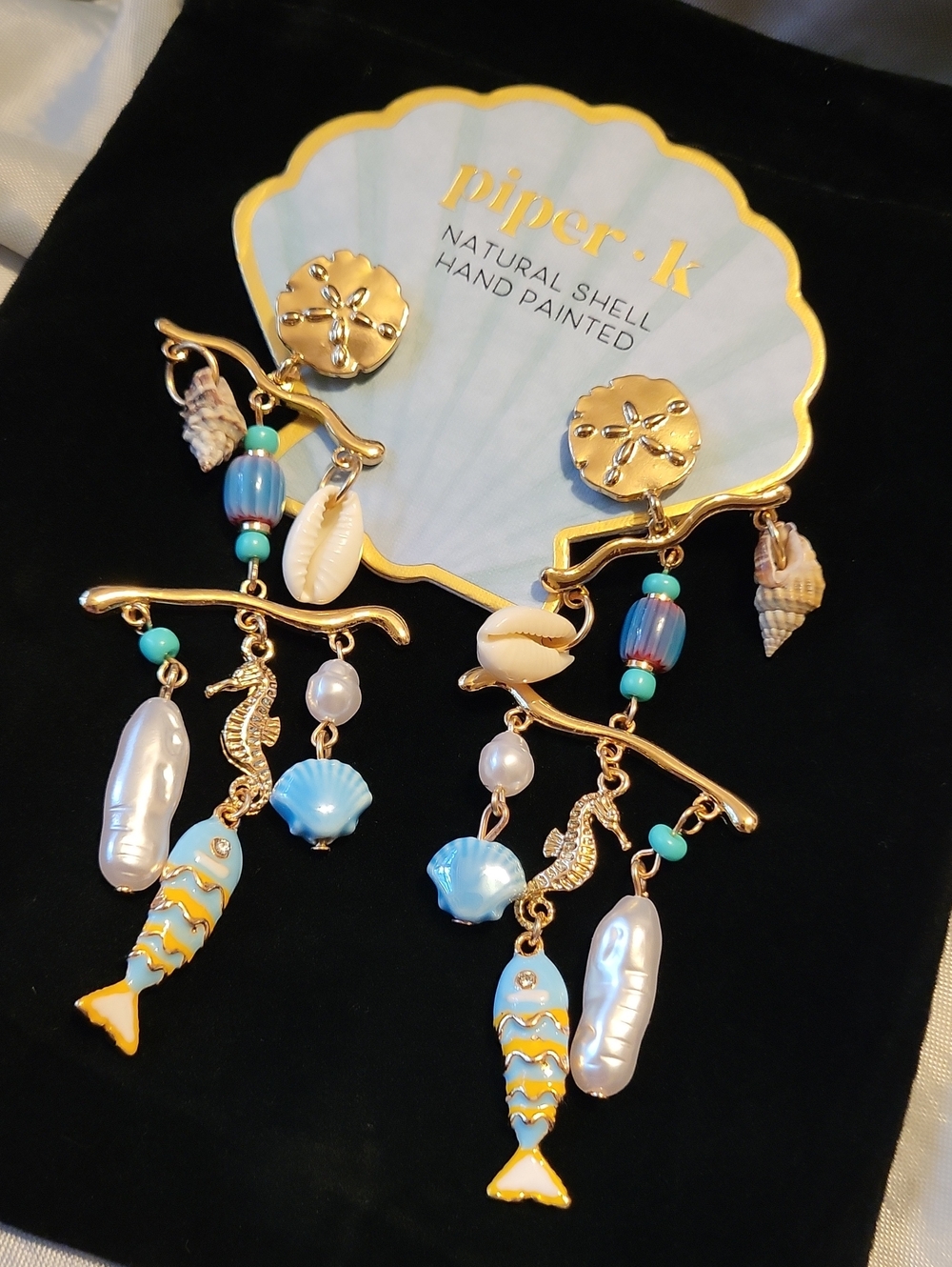 Piper K Gold-Tone Hand-Painted Blue and Turquoise Sea Charm Earrings FISH TA